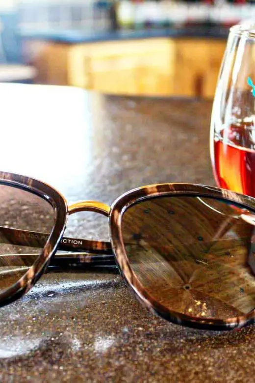Cheap sunglasses with cat-eye shape and UV protection at a Northern Michigan winery