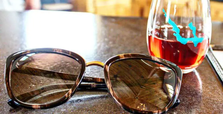 Cheap sunglasses with cat-eye shape and UV protection at a Northern Michigan winery