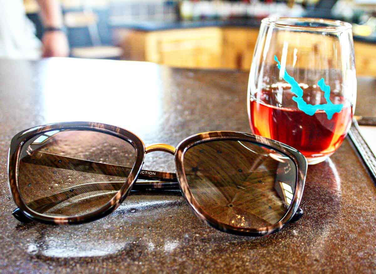 Cheap sunglasses with cat-eye shape and UV protection at a Northern Michigan winery