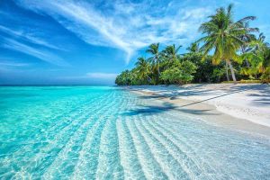 Secluded white-sand beach with clear water in the Maldives, tropical islands in South Asia