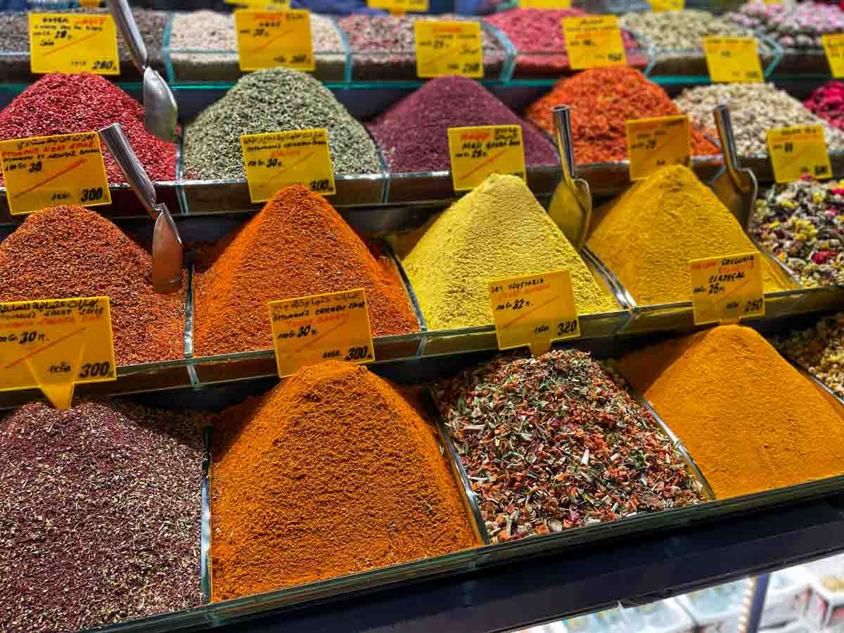Spices for sale at the Egyptian Bazaar, also known as the Spice Bazaar or Spice Market, in Istanbul, Turkey