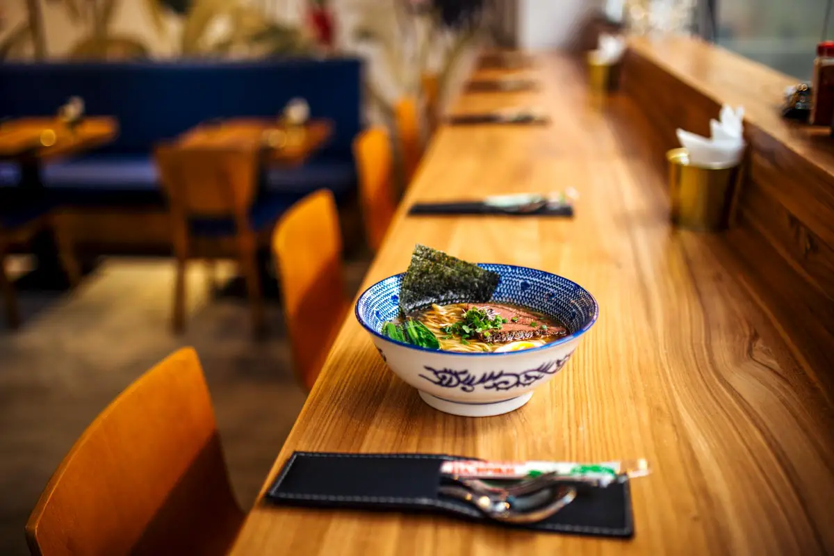 Delicious hot warming Japanese ramen noodles soup in a tradition