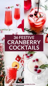 Pinterest pin for 36 festive cranberry cocktails recipe roundup with collage of four cranberry holiday cocktails