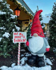 Frohlich the Christmas gnome is one of the many holiday decorations outside the Frankenmuth Visitor Center in downtown Frankenmuth, Michigan, USA
