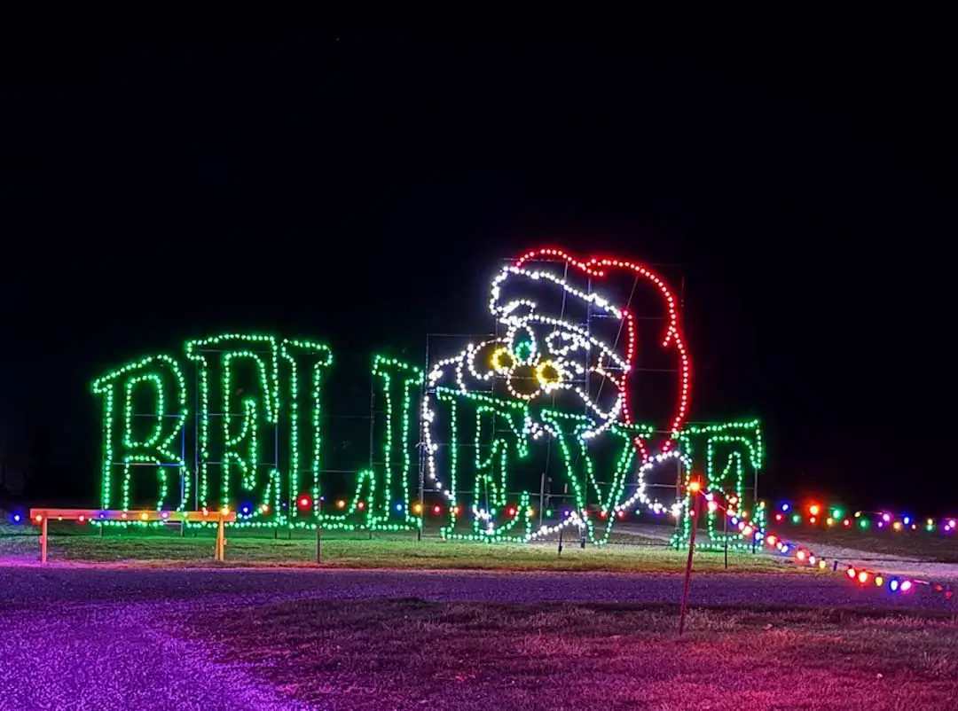 "Believe" Christmas light display featuring Santa's face at Lights of Joy drive-through holiday lights in Shipshewana, Indiana, USA