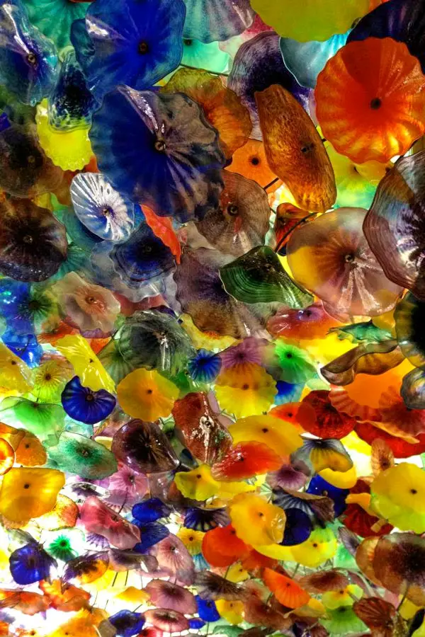 "Fiori di Como" is a hand-blown glass artwork of flower blossoms in different colors by Dale Chihuly displayed on the ceiling of the Bellagio in Las Vegas, Nevada, USA