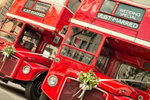 Double Decker buses with just married sign in London