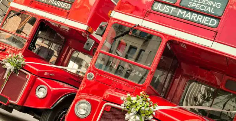 Double Decker buses with just married sign in London