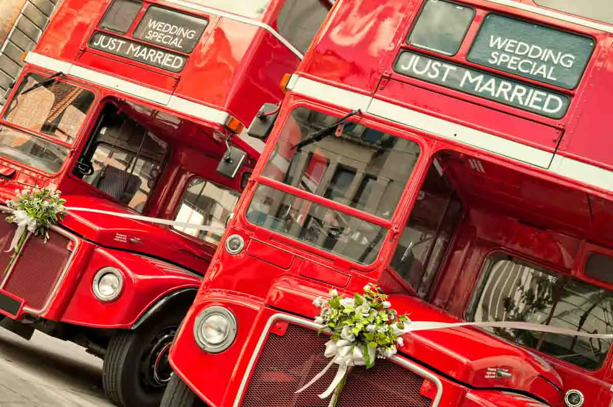 Double Decker buses with just married sign in London