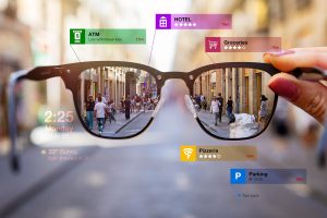 Concept of augmented reality technology being used in futuristic smart tech glasses