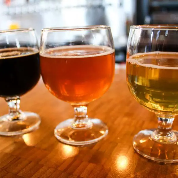 Craft beer tasting samples at Great Divide Brewing Company in Denver, Colorado, USA