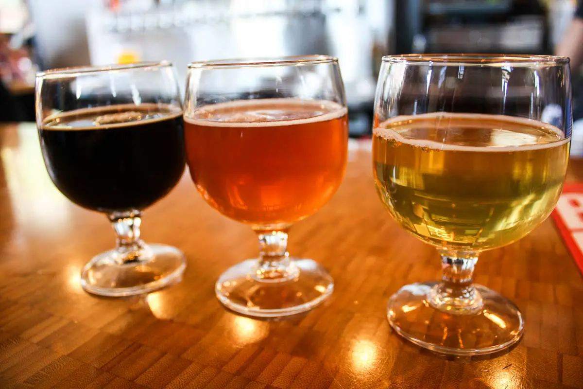 Craft beer tasting samples at Great Divide Brewing Company in Denver, Colorado, USA