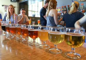 Beer samples at Great Divide Brewing Company's Ballpark District brewery and taproom in Denver, Colorado, USA
