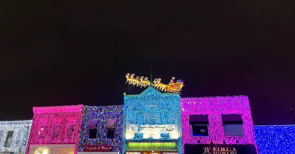 Santa's sleigh over the Big, Bright Light Show in downtown Rochester, Michigan, USA