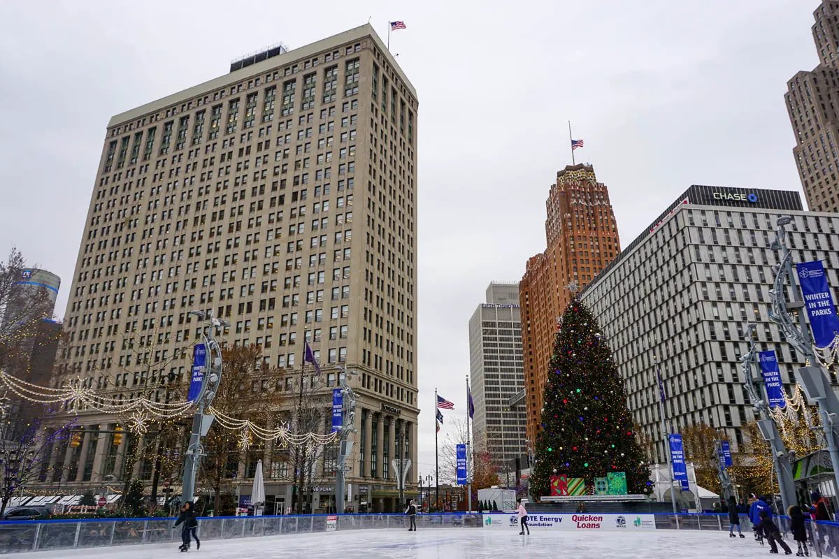 Campus Martius ice skating rink in Downtown Detroit, Michigan, USA