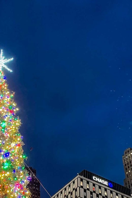 Detroit Christmas tree at Campus Martius Park with the downtown Detroit skyline at night
