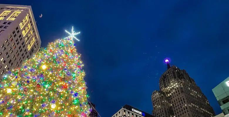 Detroit Christmas tree at Campus Martius Park with the downtown Detroit skyline at night