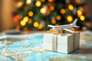 A gift box topped with an airplane model on a map, with a blurred festive background. Concept of travel and exploration. AI generative