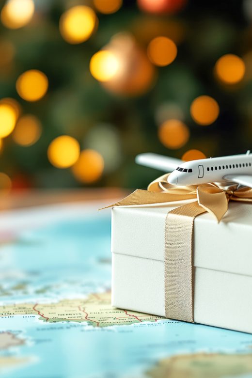 A gift box topped with an airplane model on a map, with a blurred festive background. Concept of travel and exploration. AI generative