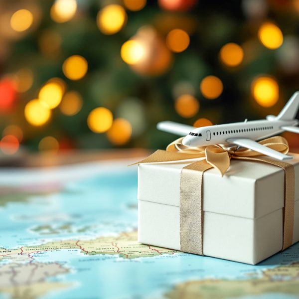 A gift box topped with an airplane model on a map, with a blurred festive background. Concept of travel and exploration. AI generative