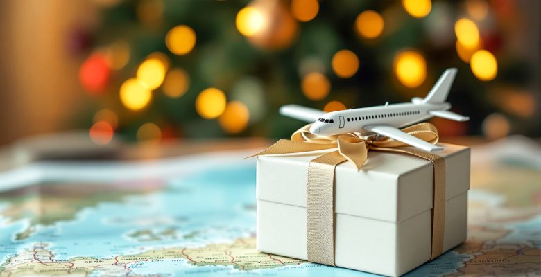 A gift box topped with an airplane model on a map, with a blurred festive background. Concept of travel and exploration. AI generative
