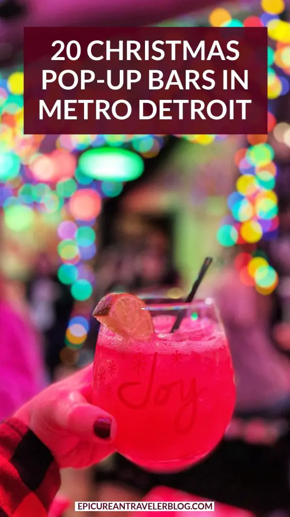 20 Christmas pop-up bars in Metro Detroit with a festive cocktail held at a bar decorated with twinkling colorful holiday lights