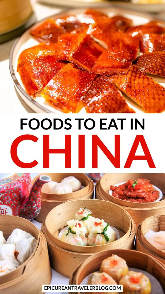 Foods to eat in China with images of Peking duck and yum cha (dim sum with tea service)