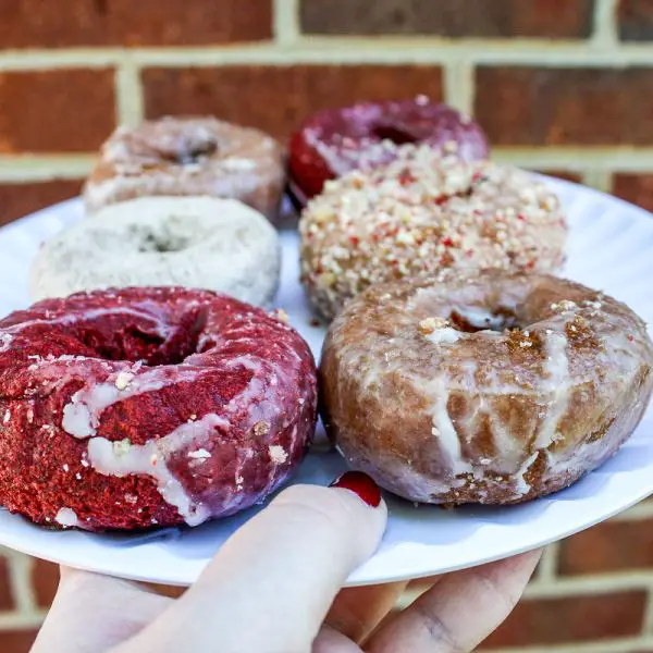 A woman's hand holds a white plate with half a dozen cake doughnuts, including red velvet donuts, Dutch crumb, powedered sugar, and glazed donuts