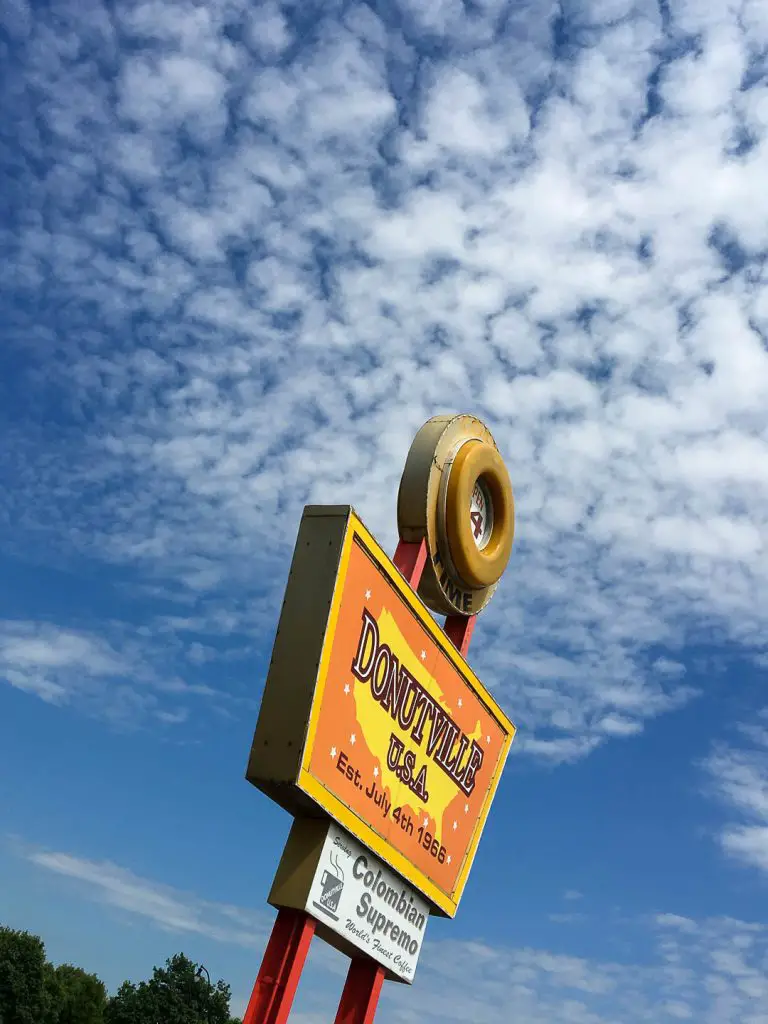 Donutville U.S.A business sign on Ford Road in Dearborn, Michigan, USA