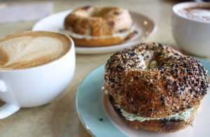Wood-fired bagels and espresso coffee drinks at Forage Market in Portland, Maine, USA