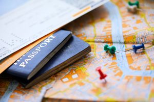 Pre-trip checklist for international travel items including passports, flight tickets, and offline map